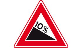 Aluminium DOR verkeersbord RVV J07 gevaarlijke daling - levensduur 10 jaar - afmeting 700mm driehoek