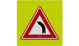 Aluminium ALUNI verkeersbord RVV J03f fluor rand bocht naar links - levensduur 20 jaar - afmeting 800x800mm