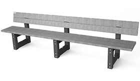 Recycling bank model LONDON met rugleuning - in de kleur grijs met een afmeting van 3600x550x770mm - extra lang