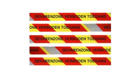 500 meter afzetband in de kleuren geel-rood-relecterend met de tekst GEVARENZONE