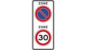 Aluminium DOR verkeersbord RVV A0130E01zb begin zone maximumsnelheid 30 km per uur en parkeerverbod - levensduur 10 jaar - afmeting 530x1200mm