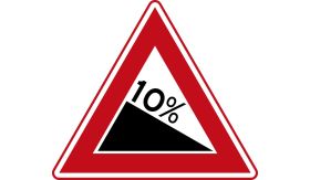 Aluminium DOR verkeersbord RVV J07 gevaarlijke daling - levensduur 20 jaar - afmeting 700mm driehoek